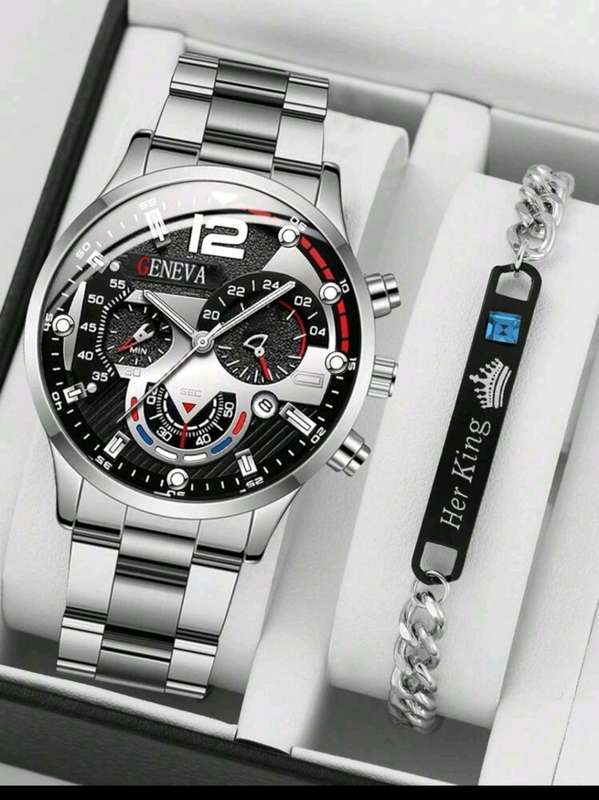 2pcs Luxury Men`s Bracelet Watch Set, Men`s Fashionable Calendar Business Stainless Steel Strap Quar