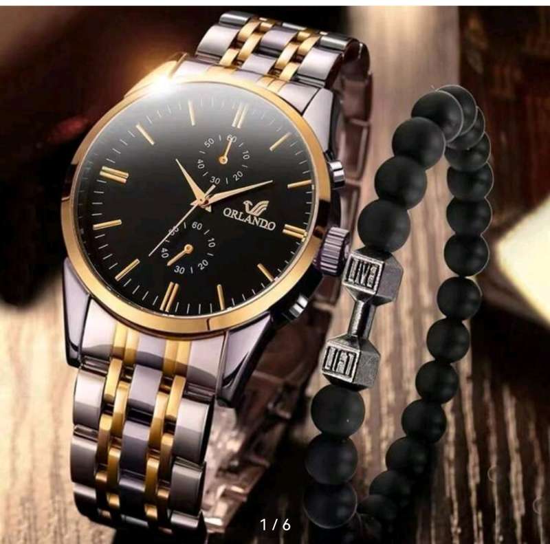 2pcs Luxury Men`s gold  Bracelet Watch Set, Men`s Fashionable  Stainless Steel Strap Quartz Watch
