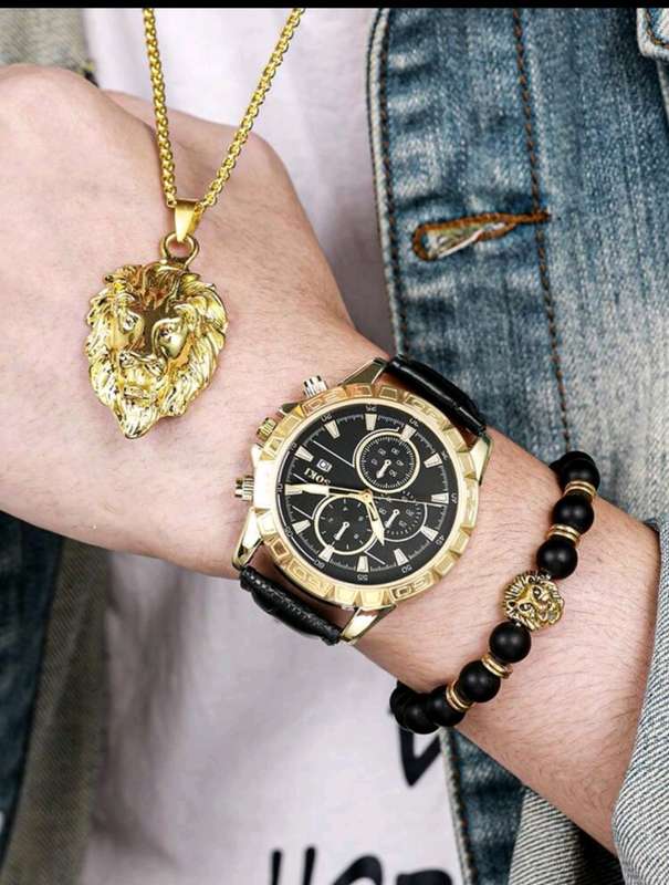 Men`s 3pcs  leather band Quartz Watch set