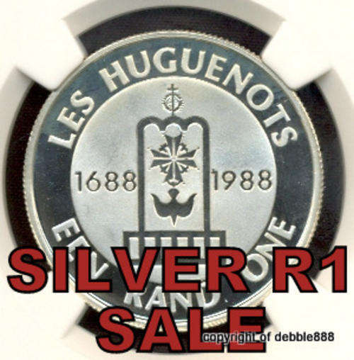 SILVER 1 RAND SALE !!! 1988 Huguenots Tercentenary - UNC DETAILS - Stained - MINTAGE OF ONLY 5,497