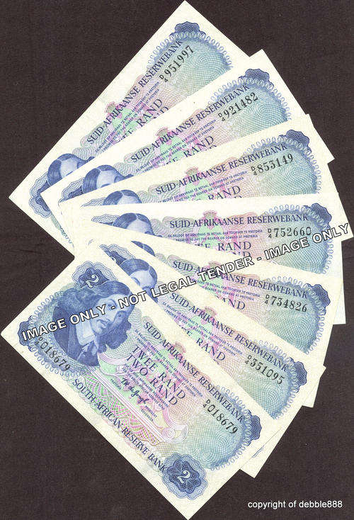 TW de JONGH - 7 x TWO RANDS - 1974 - SECOND ISSUE - A/E (prefix D4)  BID PER NOTE