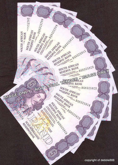 GPC de KOCK - 10 x UNC FIVE RANDS in SEQUENCE - 1990 - THIRD ISSUE - E/A (BG prefix) BID PER NOTE