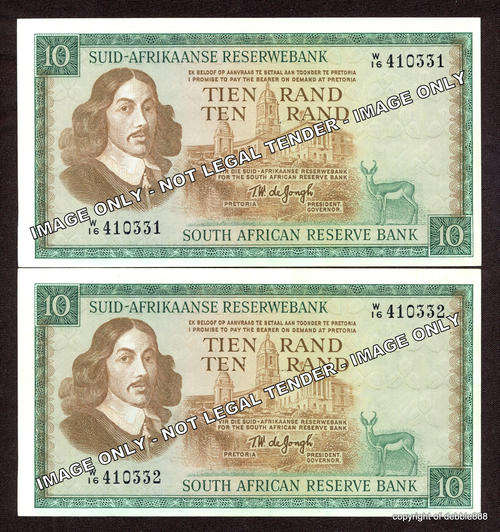 TW de JONGH - 2 x REPLACEMENT TEN RANDS in SEQUENCE -1976-THIRD ISSUE- A/E (W16 prefix) BID PER NOTE