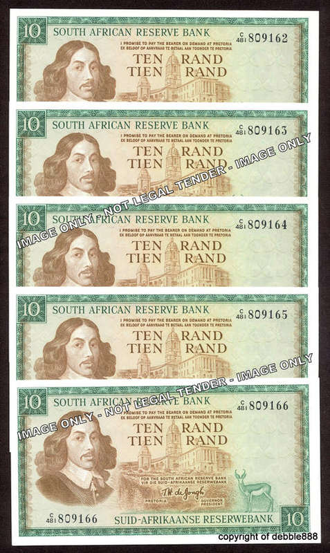 TW de JONGH - 5 x UNC TEN RANDS in SEQUENCE - 1975 - THIRD ISSUE - E/A (C481 prefix) BID PER NOTE