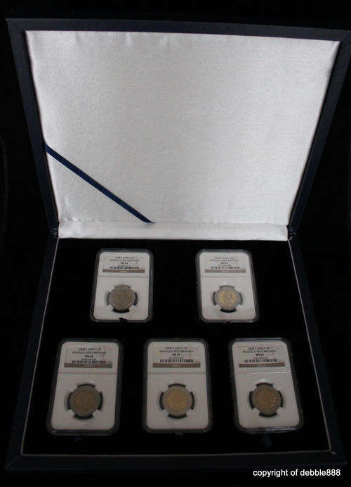 5 x COIN MANDELA SET !!! MS62 /MS63 /MS64 /MS65 /MS66 - IN BLUE LEATHERETTE DISPLAY CASE !!!