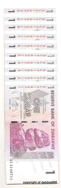 !!10 x ZIMBABWE NOTES - IN SEQUENCE - ONE DOLLAR - 2007 - IN UNC CONDITION