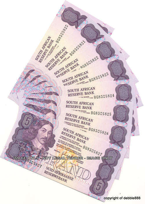 GPC de KOCK - 8 x FIVE RANDS in sequence - 1990 - THIRD ISSUE- E/A (BG prefix) UNC CONDITION