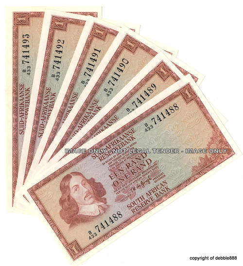 TW de JONGH - 6 UNC x ONE RANDS in SEQUENCE - 1975 - THIRD ISSUE - A/E (prefix B433)