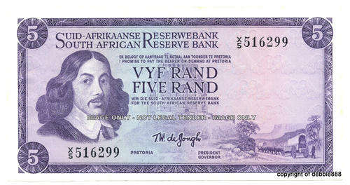 TW de JONGH - FIVE RAND REPLACEMENT (X5 prefix) - 1967 - FIRST ISSUE - A/E - VF CONDITION