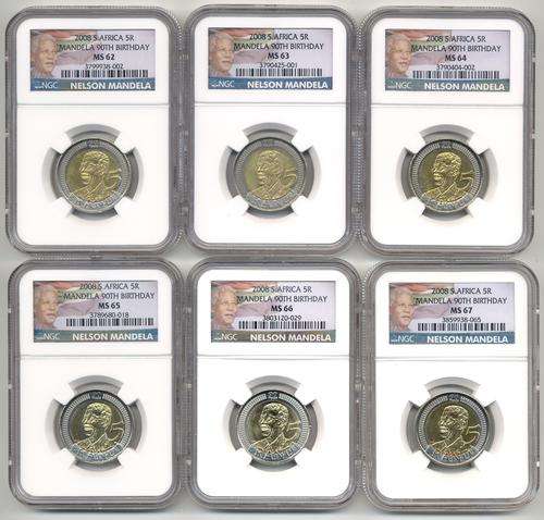 SET of SIX Birthday Mandela COLOUR Label R5 ***MS62 /63 /64 /65 /66 /67 Bid p/coin; winner takes all