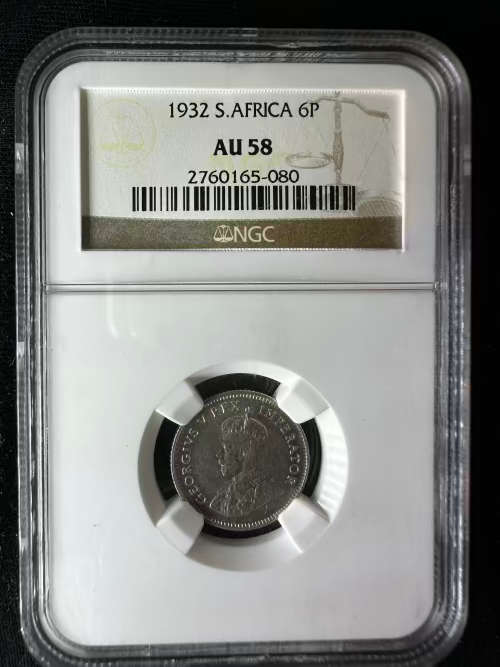 1932 * 6P * AU58 * beautiful coin with flat crowns , stunning coin
