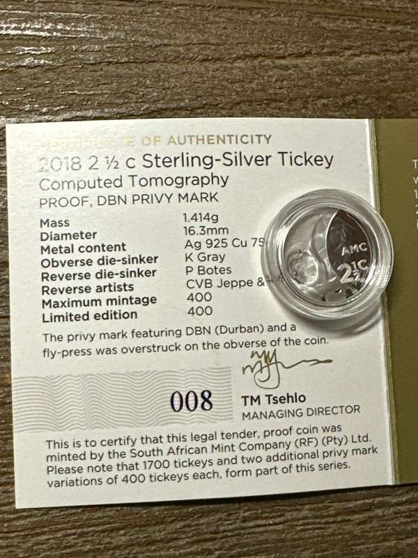 SILVER TICKEY 2,5 Cent Proof - 2018 - Computed Tomography - Durban Flypress