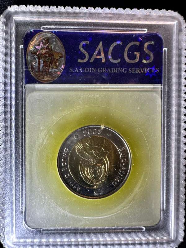 2008***R5 Mandela 90th Birthday***MS65***SACGS scarce slab, decent graders
