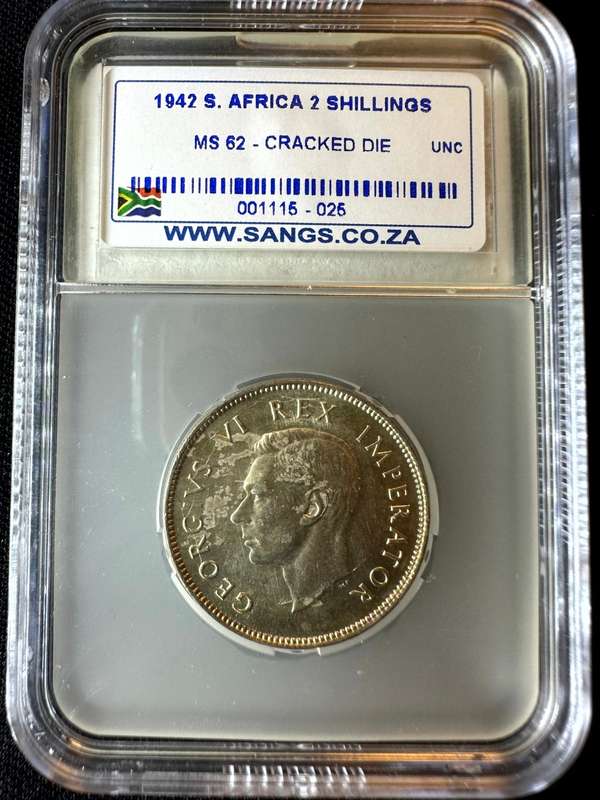 1942***2 Shilling***MS62***SANGScracked die