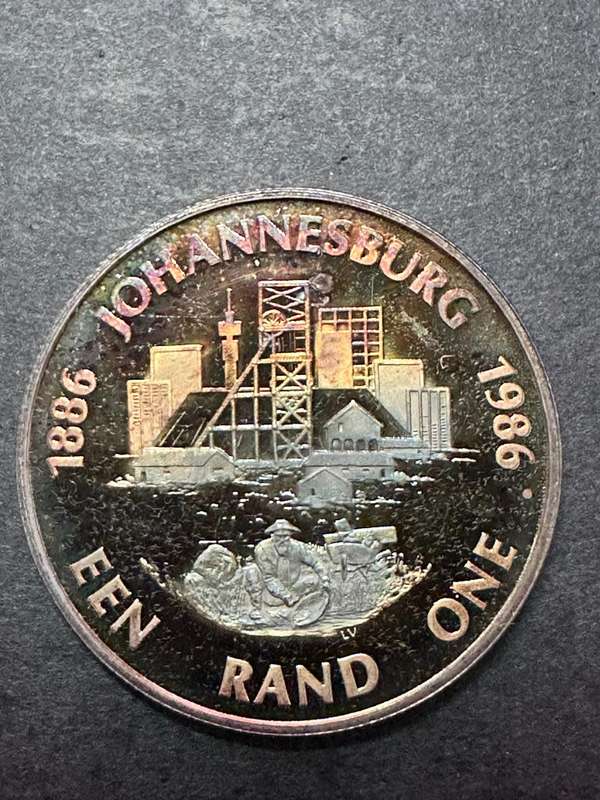 1986 RSA Proof Silver R1 *** Johannesburg 100 years *** interesting toning