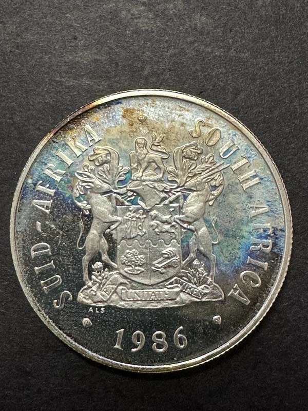 1986 RSA Proof Silver R1 *** Johannesburg 100 years *** interesting toning
