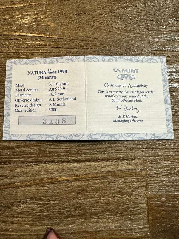 Natura LEOPARD 1998 - 1/10 ounce Gold - SCARCE, highly collectable, includes COA