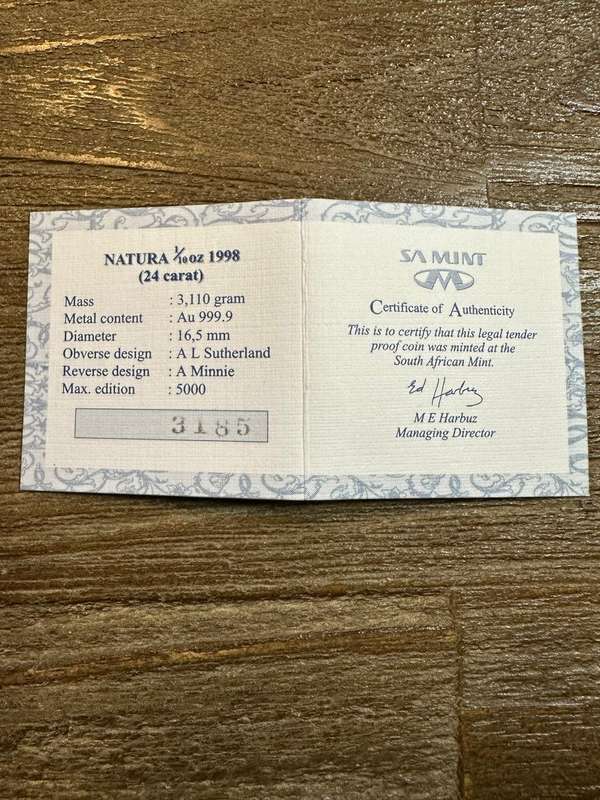 Natura LEOPARD 1998 - 1/10 ounce Gold - SCARCE, highly collectable, includes COA