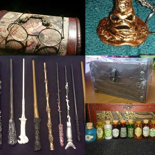 HARRY POTTER COLLECTION HARRY'S SPECTACLE GLASSES, 9 WANDS, 10 POTIONS WITH TRUNK AND SORTING HAT KE