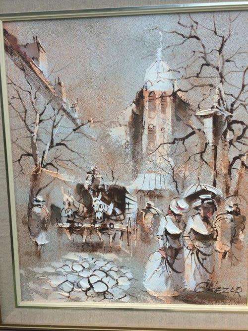 STUNNING BORIS CHEZAR - SAND AND OIL PAINTING PARIS SCENE