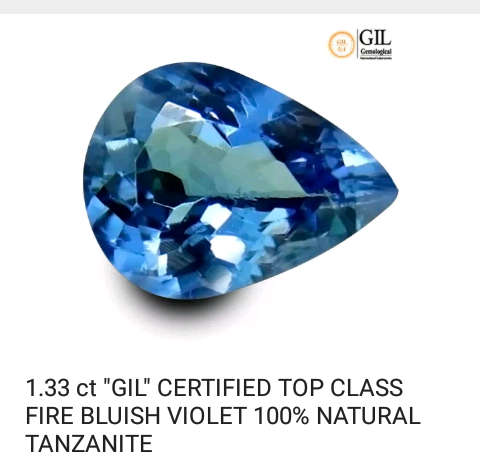 1.33 ct "GIL" CERTIFIED TOP CLASS FIRE BLUISH VIOLET 100% NATURAL TANZANITE