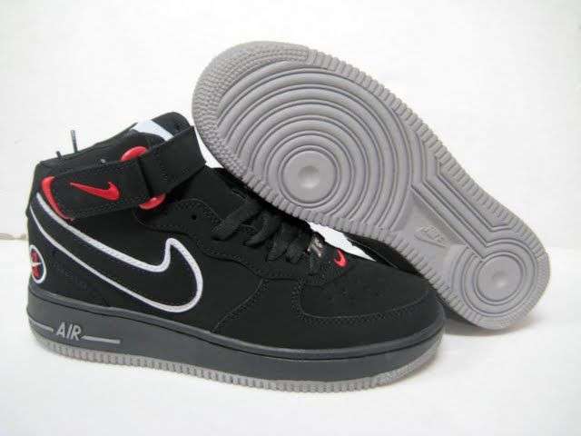 NIKE AIRFORCE ONE MIDS (AF1) BLACK & SMOKE WHITE & RED SIZE 8.5