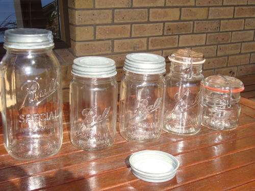 vintage BALL SPECIAL WIDE MOUTH CANNING JARS with zinc and milk glass lids