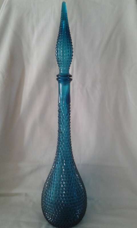 vintage Italian HOBNAIL/DIAMOND BLUE GREEN GENIE BOTTLE - stamped made Italy