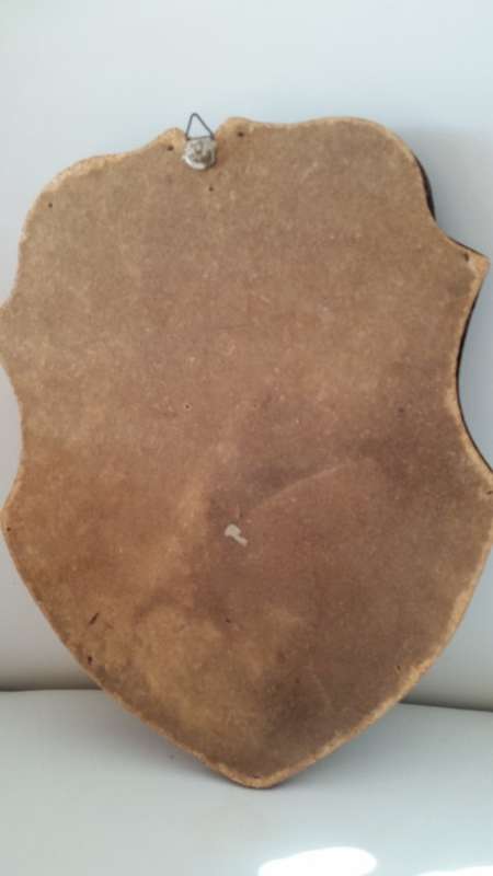 vintage BRONZE ITALIAN COAT of ARMS CREST on WOOD SHIELD for your man cave - swords are very sharp !