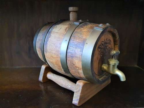 lovely small OAK WINE BARREL with stopper, brass hoops, brass tap and stand