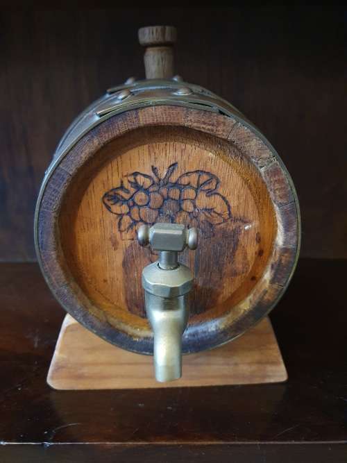 lovely small OAK WINE BARREL with stopper, brass hoops, brass tap and stand