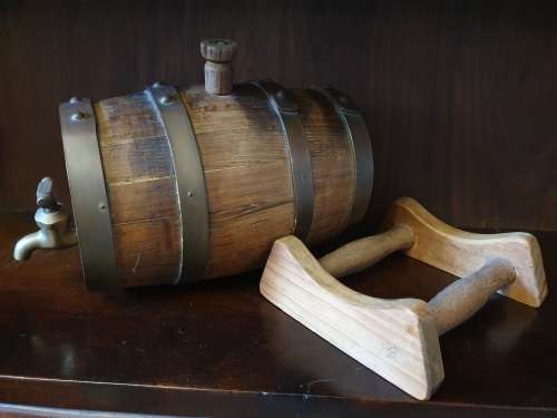 lovely small OAK WINE BARREL with stopper, brass hoops, brass tap and stand