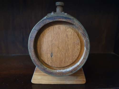 lovely small OAK WINE BARREL with stopper, brass hoops, brass tap and stand
