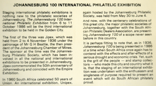 Johannesbrug 100 International Philatelic Exhibition text explanation