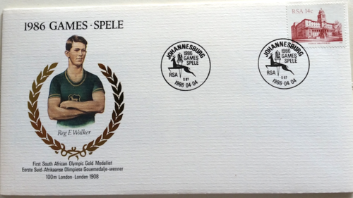 1986.04.04 First Day Cover Reg E Walker 100m London 1908 Games + Date Stamp Card