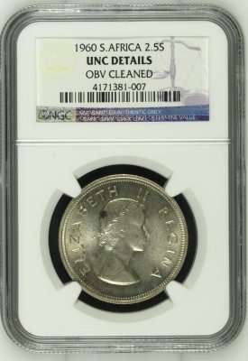 # NGC GRADED # 1960 # S AFRICA 2.5 shilling (2 1/2 shilling) # UNC DETAILS #OBV CLEANED ##