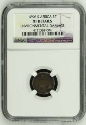 # NGC GRADED # 1896 # S  AFRICA  ( ZAR ) 3 pence  (3p)   # X F  DETAILS #ENVIROMENTAL  DAMAGE