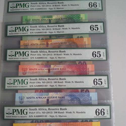 Graded MANDELA  R10/R20/R50/R100/R200 banknotes all of prefix  AA 0000102 second issue  Gill  Marcus