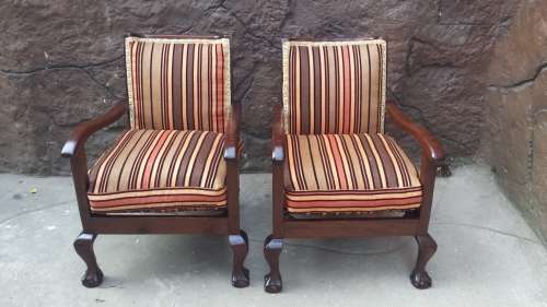 Pair of small, old imbuia arm chairs.