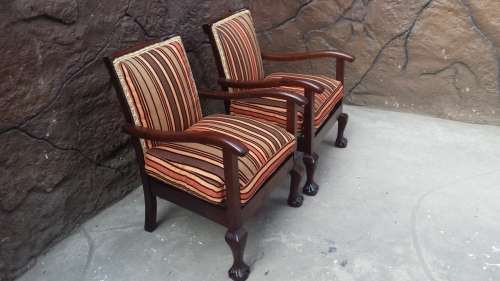 Pair of small, old imbuia arm chairs.