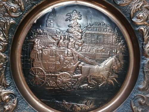 Beautiful, large vintage copper wall plate. Horse and carriage.