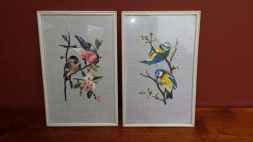 Pair of hand embroided budgies.