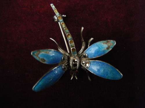 MARCASITE, SILVER & ENAMEL DRAGONFLY BROOCH