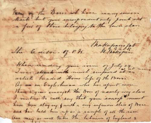 An original manuscript letter, circa late 1899 (in the run-up to Anglo-Boer War)