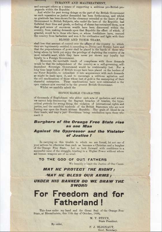 President Steijn's Call to Arms, 11 October 1899