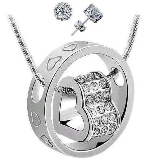 Swarovski Element Crystal Heart & Silver Ring Pendant Jewellery Set