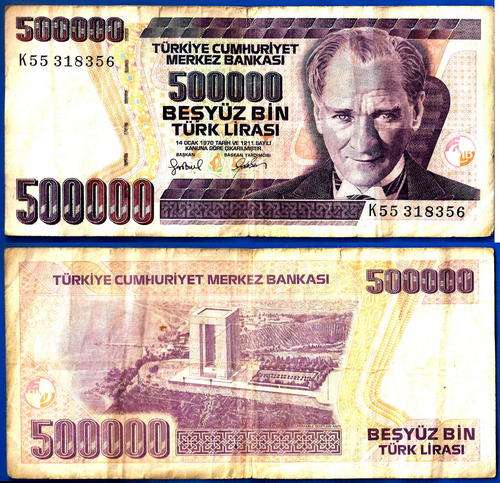 Turkey 500000 Lira 1998 500 000 Lirasi Asia Europe Banknote