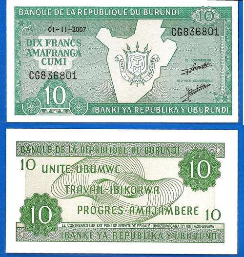 Burundi 10 Francs 2007 UNC Prefix CG Banknote Frcs Frc