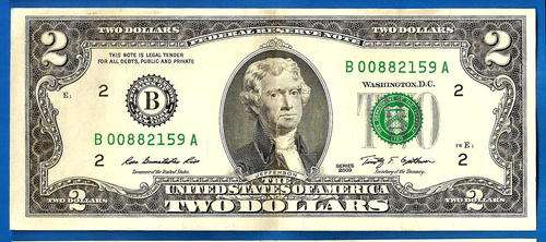 USA 2 Dollars 2009 Mint New York B2 Suffix B Prefix A Dollars United States of America