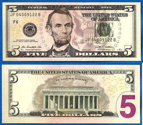 USA 5 Dollars 2009 UNC Mint Atlanta F6 Suffix B Dollar Banknote United States of America